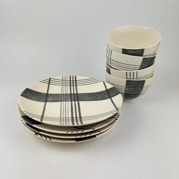 RARE West Elm Black Origin Plaid Salad Plate and Bowl Set Stoneware 8pcs Total
